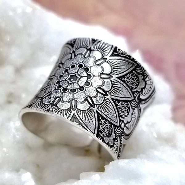 Mandala Ring | Lotus Ring | Bohemian Ring | Lotus Jewelry | Cuff Ring | Mandala Jewelry | Bohemian Jewelry | Silver Ring | Anticlastic Ring