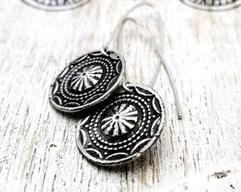 Cute Silver Mandala Earrings Mandala Jewelry Bohemian Jewelry Boho Earrings Long Silver Earrings Circle Jewelry Tribal Ethnic Hippie Jewelry