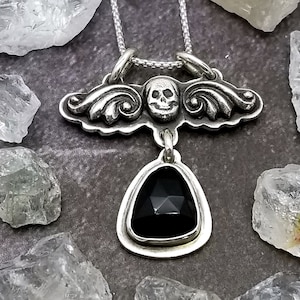 Winged Deaths Head Skull Necklace with Faceted Black Onyx, Memento Mori Necklace, Goth Mourning Jewelry, Witchy, Halloween, Day of the Dead