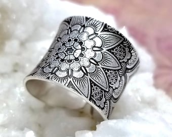 Mandala Ring | Lotus Ring | Bohemian Ring | Lotus Jewelry | Cuff Ring | Mandala Jewelry | Bohemian Jewelry | Silver Ring | Anticlastic Ring