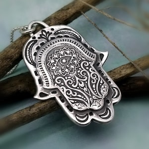 Silver Hand Stamped Hamsa Necklace for Good Luck, Turkish Evil Eye, Witchy Lotus Amulet Charm, Healing Hand of Fatima Jewelry, Gift for Her
