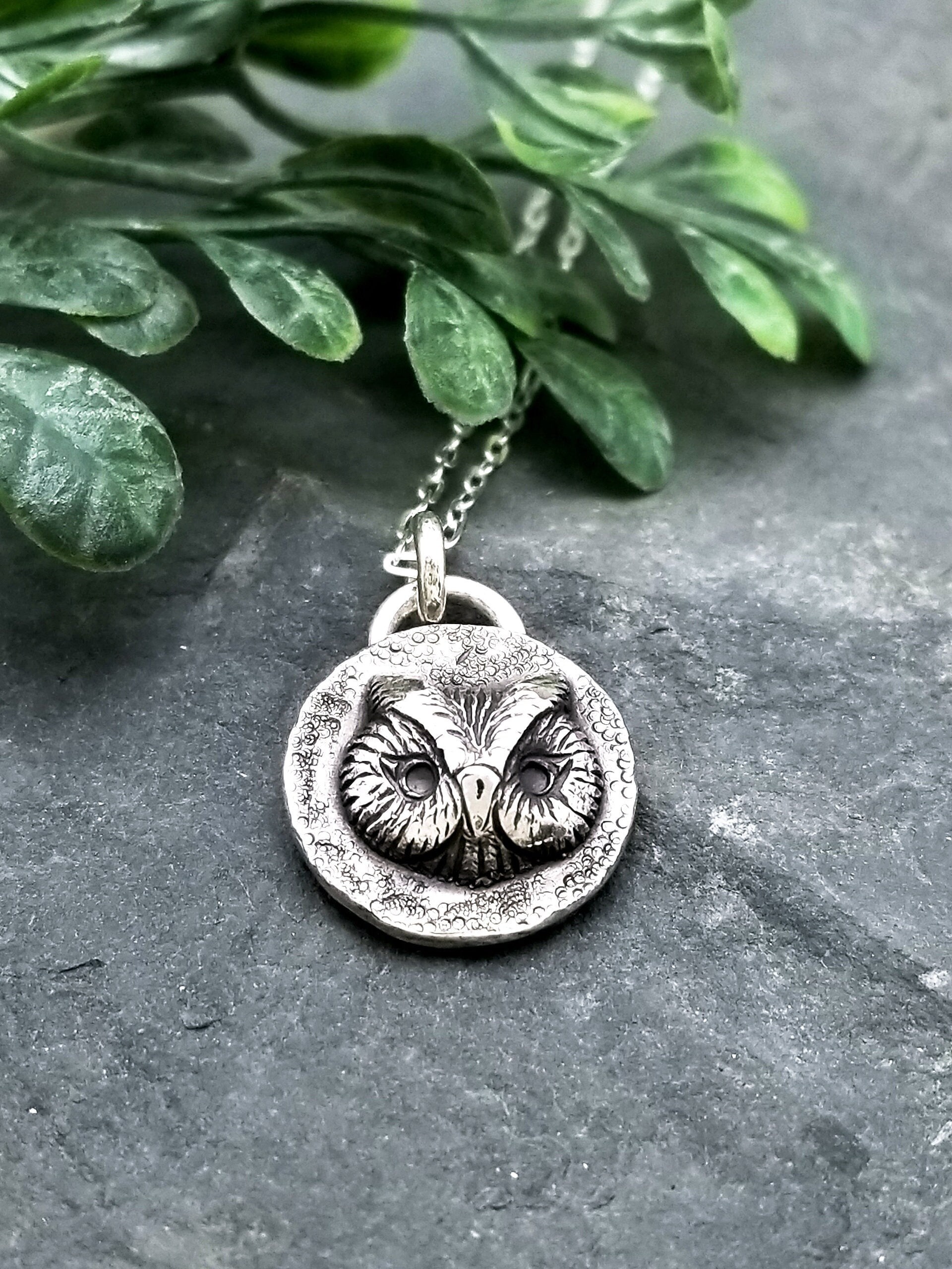 Handmade Silver Owl Necklace, Owl Charm Pendant, Cute Little Owl, Owl Face Necklace, Great Horned Ow
