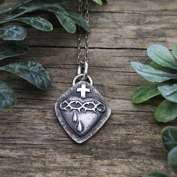 Sterling Silver Sacred Heart Necklace, Bleeding Heart of Jesus Pendant, Catholic Jewelry, Religious Pendant, Milagro Heart Charm Necklace