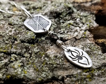 Silver Spider Web Necklace, Creepy Insect and Bug Jewelry, Spirit Animal Totem Necklace, Funny Gift for Arachnophobe, Halloween Jewelry