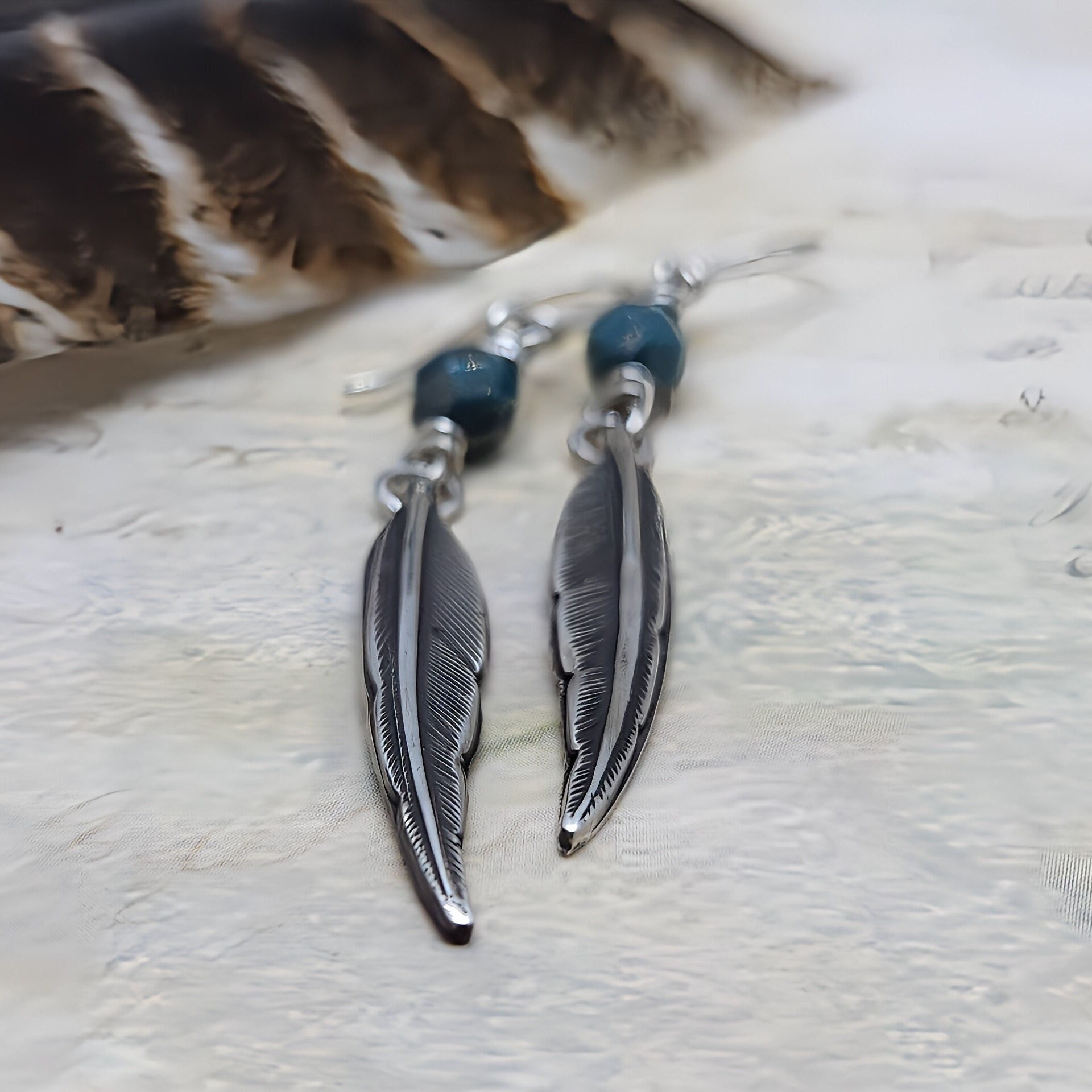 Long Handmade Sterling Silver Feather Earrings With Turquoise 