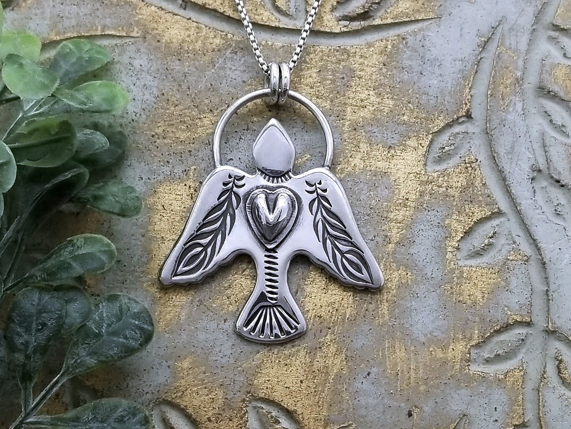 Silver Phoenix Rising Bird Necklace, Thunderbird Hawk Eagle Necklace, Navajo Aztec Spirit Animal Necklace, Feather Heart Spiritual Jewelry