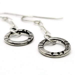 Long Sterling Silver Chain Earrings with Textured Boho Silver Circle Drop, Everyday Bohemian Jewelry, Funky Modern Earrings