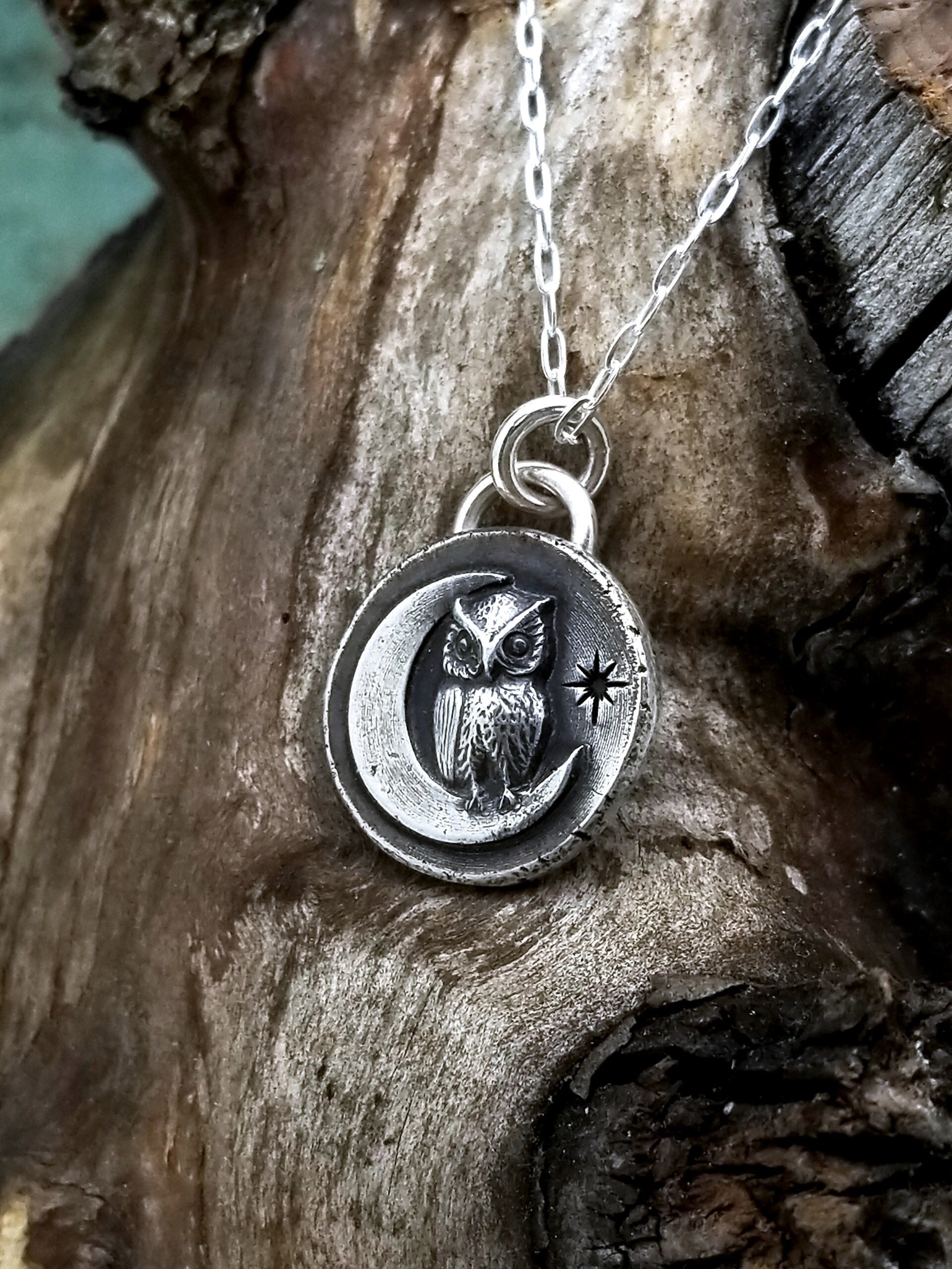 Silver Owl and Crescent Moon Necklace, Owl Charm, Celestial Owl Pendant, Cute Little Owl Jewelry, Wo
