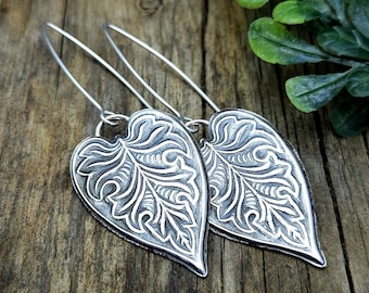 Handcrafted Long Silver Leaf Earrings, Nature and Plant Lover Statement Jewelry, Big Lightweight Stylized Leaf Earrings, Elven Jewelry