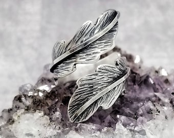 Silver Feather Ring Adjustable Wrap Ring Leaf Ring Angel Wings Ring Bohemian Ring Boho Jewelry Minimalist Jewelry Handmade Nature Jewelry
