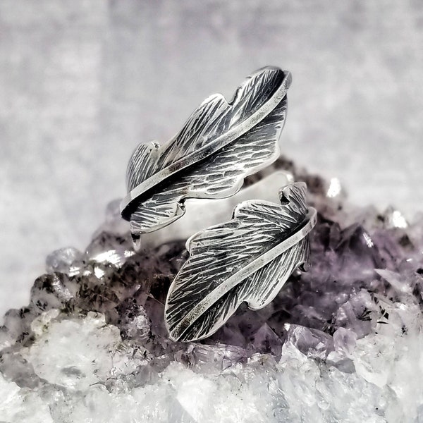 Silver Feather Ring Adjustable Wrap Ring Leaf Ring Angel Wings Ring Bohemian Ring Boho Jewelry Minimalist Jewelry Handmade Nature Jewelry