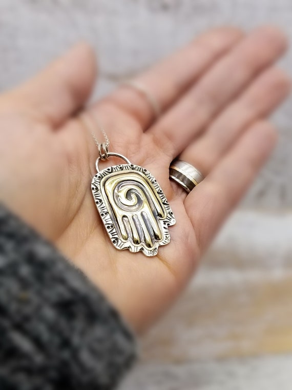 Mixed Metal Healing Hand Necklace Hamsa Hand Pendant Spiral Hand