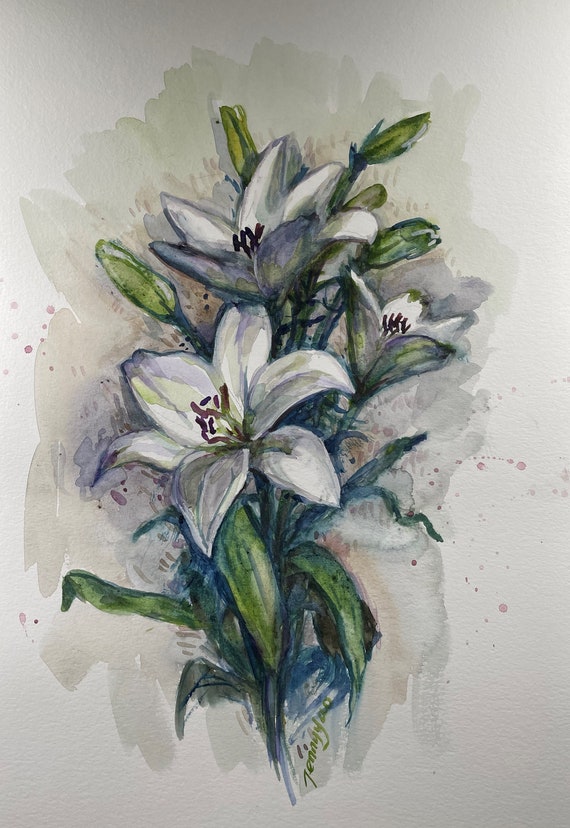 オリジナル水彩画、白いユリ、11x15、220801 - Etsy 日本