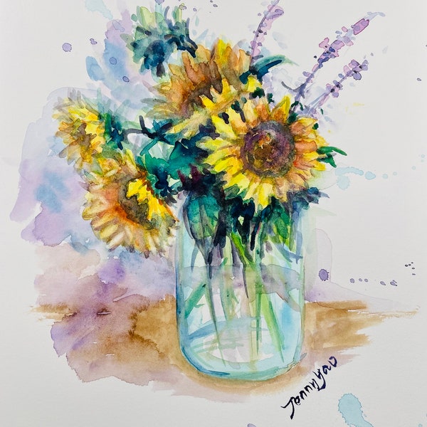 Original Watercolor Painting, Sunflower in Glass Bottle, size 8x10, 230820