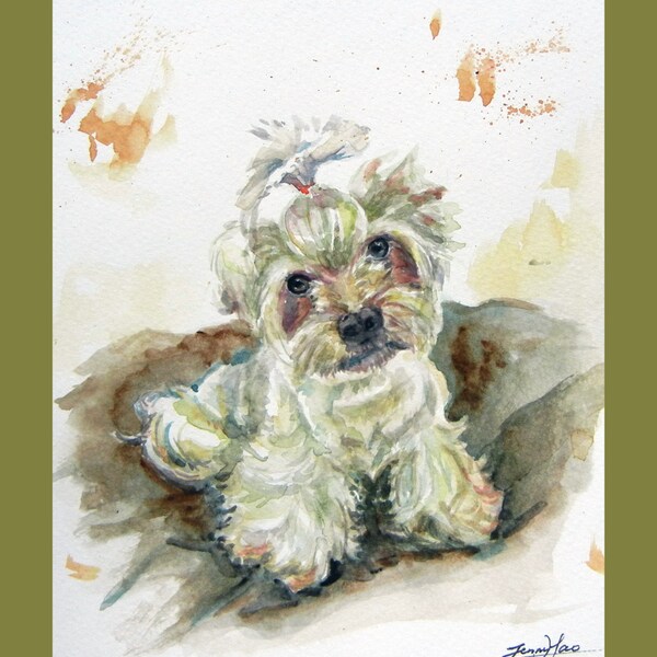 Original Water Color painting, Cute Long Hair Dog, 160388