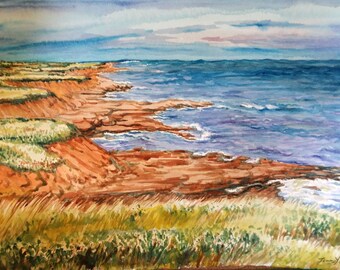 Original Watercolor painting, landscape of Canada- Coast view, 12"x15", 1803052