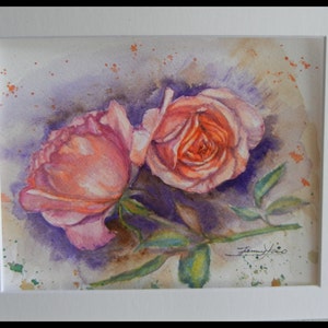 Original Watercolor Painting, Still life Pink Roses, with Mat 10&quot;x8&quot;, 150201