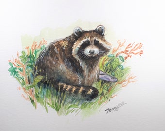 Original Watercolor Painting, Raccoon in Bush, 8x10, 210430