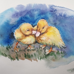 Original Watercolor Paining, Two Duckling , 10x8 inch, 20052411,