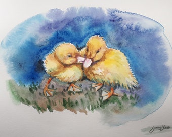 Original Watercolor Paining, Two Duckling , 10x8 inch, 20052411,