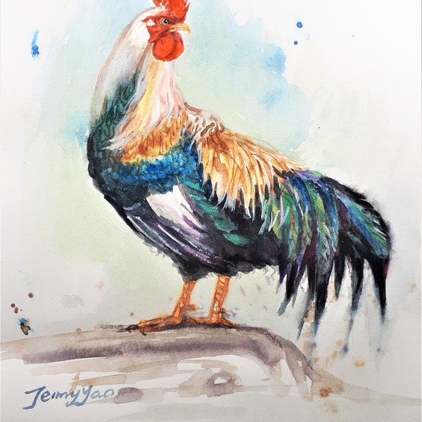 Originele aquarelschildering, Rooster II, 10x8, 201207