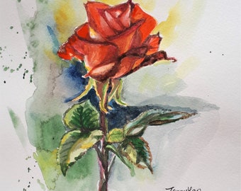 Original Watercolor Painting, Red Rose, 1904245,10"x8"