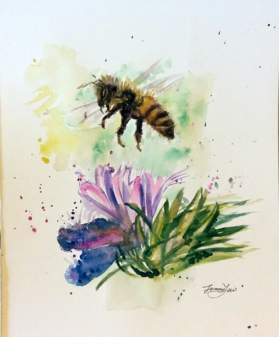 Original watercolor painting Bee on Pink Flower | Etsy