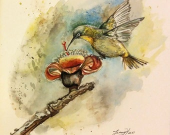Original Water color Painting Printing, Humming Bird on flower, 1612123,  10"x8"