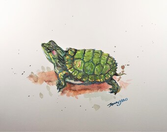 Original Aquarell, Meeresschildkröte, 211001, 9x12