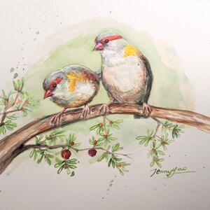 Printing of sold Original Watercolor Painting, Two Birds on Branch,  210416