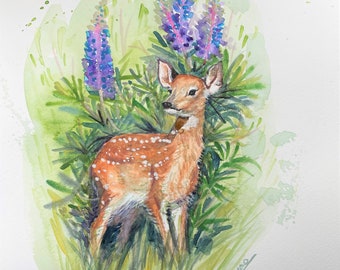 Aquarelle originale, Bébé Cerf, 9x12, 220331