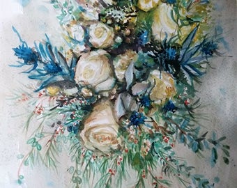 Pintura de acuarela original, flor blanca azul, 1802095, 12 "x 15",