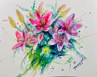 Original Watercolor Painting, Pink Lily Flower, size 8x10, 230820