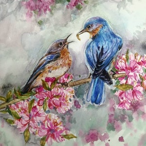 Printing of Original Water Color painting, Bird and fledgling, 8x10, 2007265