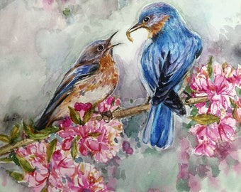 Printing of Original Water Color painting, Bird and fledgling, 8x10, 2007265