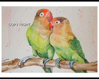 Original Water Color painting, 12x9 in, Green Parrot Bird, Yellow, green, blue, red, 15084