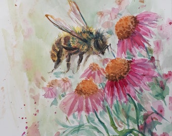 Printing of Sold Original Watercolor Painting, Bee with Pink Flower,210305/034