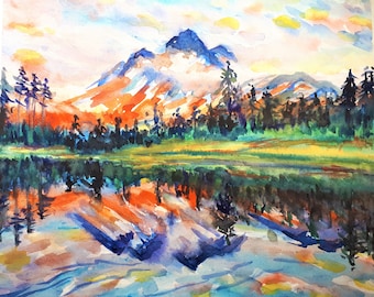 Printing of Original Watercolor Painting, Mountain reflection,2020-1109