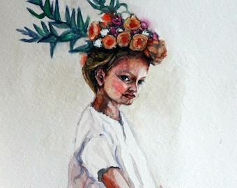 Original Watercolor Painting, Girl with Flower II, 10&quot;x8&quot;, 1609221