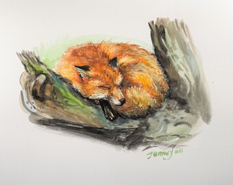 Printing of sold Original Watercolor Painting, Sleeping Fox, 3 size option, 220331