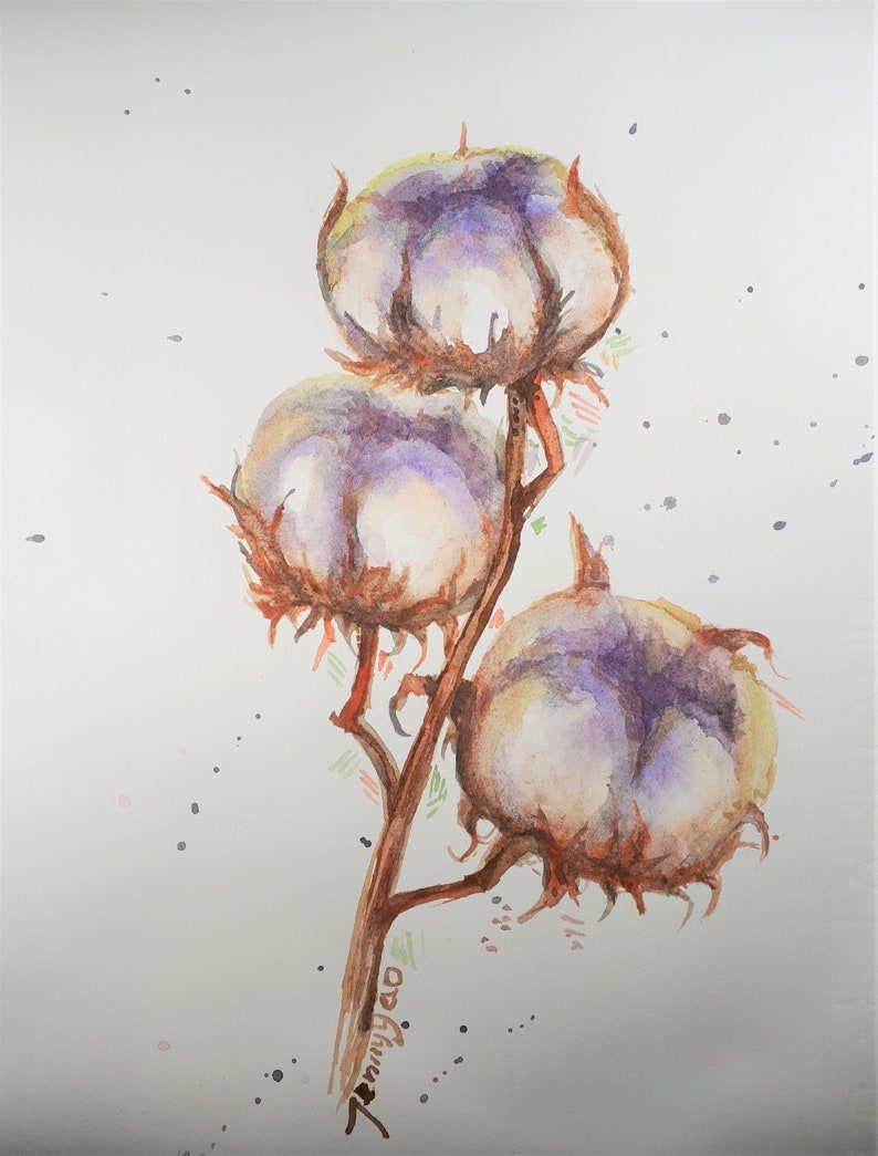 Puede incluir: Una pintura de acuarela de tres bolas de algod&oacute;n en una rama. Las bolas son de color p&uacute;rpura claro y blanco, y la rama es marr&oacute;n. El fondo es gris claro con peque&ntilde;os puntos negros.