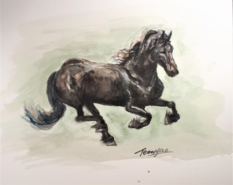 Original Watercolor Painting, Black Horse, 8x10, 210411