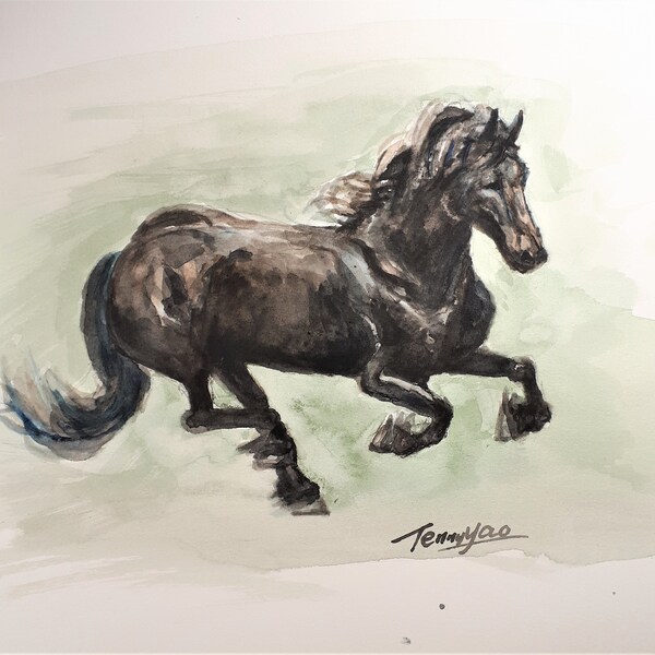 Original Watercolor Painting, Black Horse, 8x10, 210411