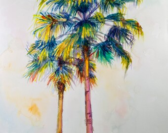 Pintura em Aquarela Original, Duas Palmeiras, 230826, tamanho 11x14
