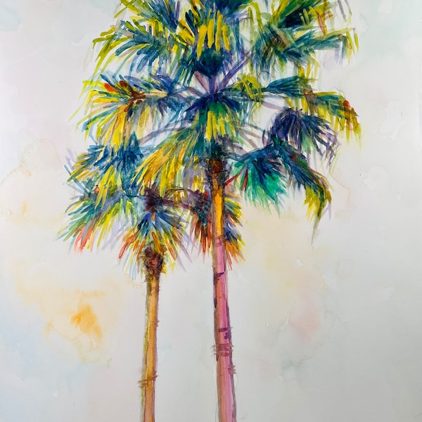 Original Watercolor Painting, Two Palm Trees, 230826, size 11x14