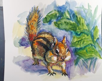 Original Watercolor Painting, Chimmunk with a Mouth Full of Seeds, 210911, 8x10