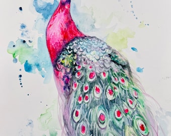 Original Watercolor Painting, Red Peacock, 230612, 8x10in