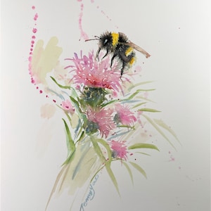Printing of Sold Original Watercolor Painting, Bee on Pink Thistle Flower,220517, three sizes option