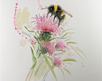 Printing of Sold Original Watercolor Painting, Bee on Pink Thistle Flower,220517, three sizes option