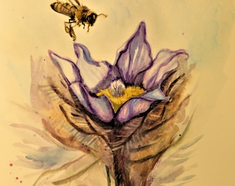 Original Watercolor Painting, Pink flower and Bee, 19042412, 10"x8"